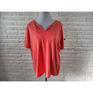 Coral Bay Womens Top 2X Plus Tee Short Sleeve Pink Studded Notch Neck PIN34E